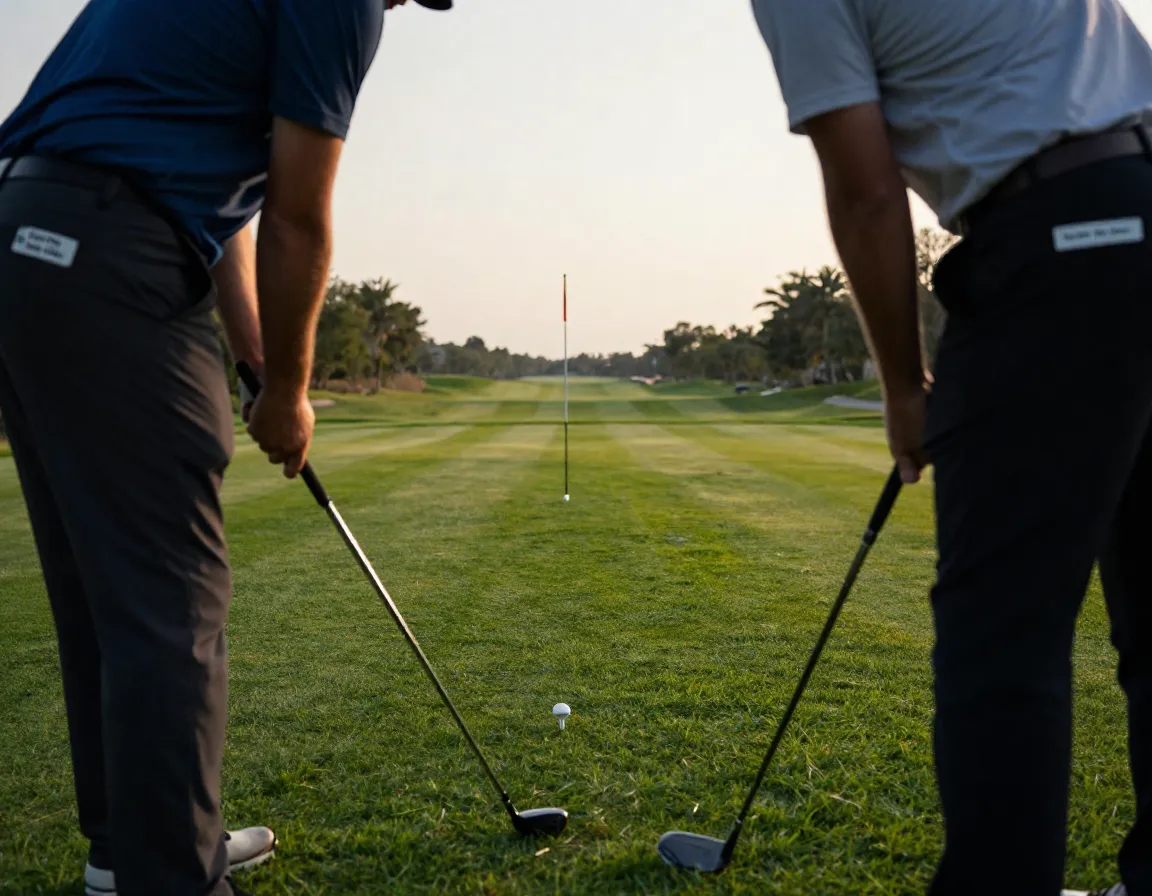 Golfer aiming for the center green with a front pin position