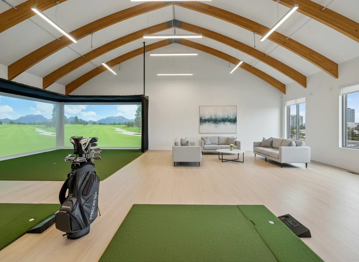 Spacious indoor golf bay with high ceiling and seating area