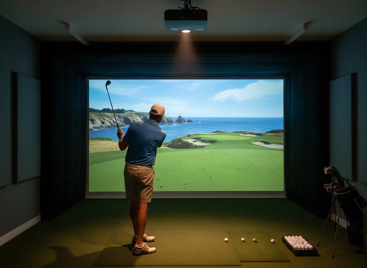 Golfer playing virtual pebble beach on large 4k projection screen