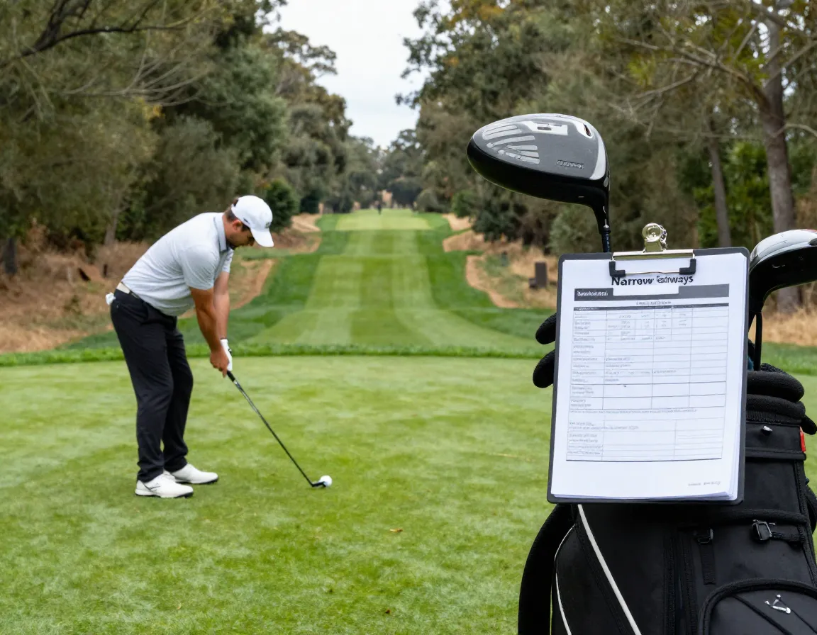Golfer using a three wood on a narrow fairway tee shot