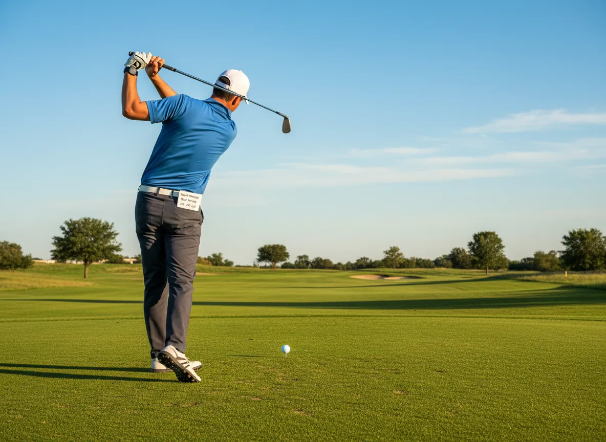 Golfer executing a half swing sand wedge shot from the fairway