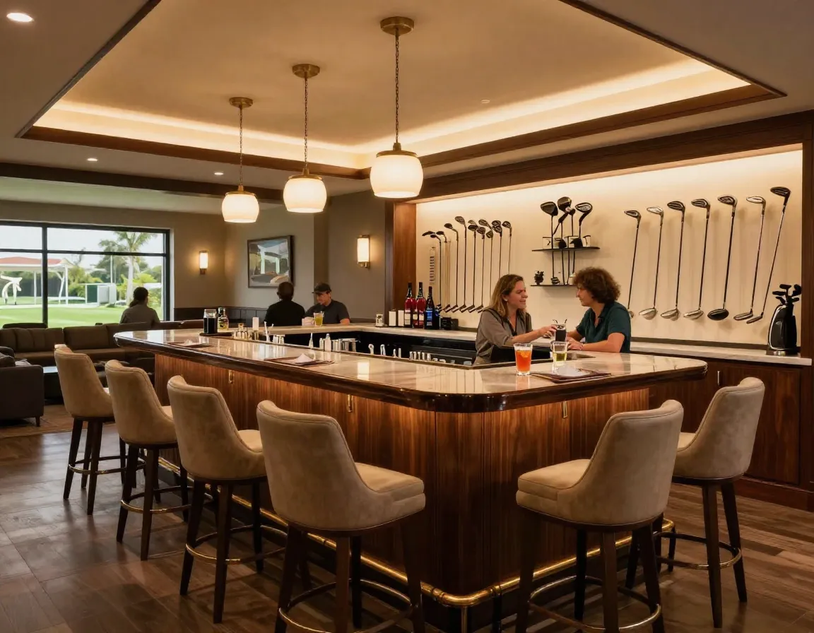 Clubhouse lounge with bar seating and golf equipment displays