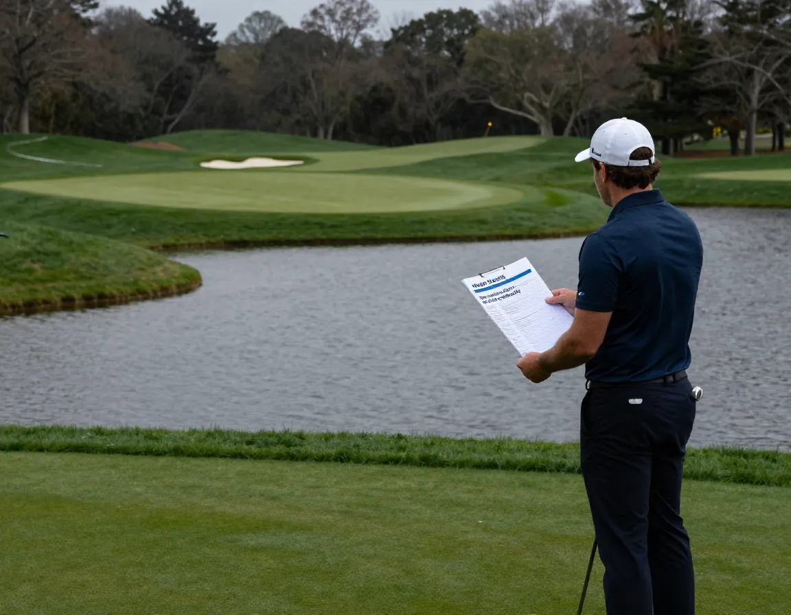 Golfer planning a shot over a water hazard with extra club
