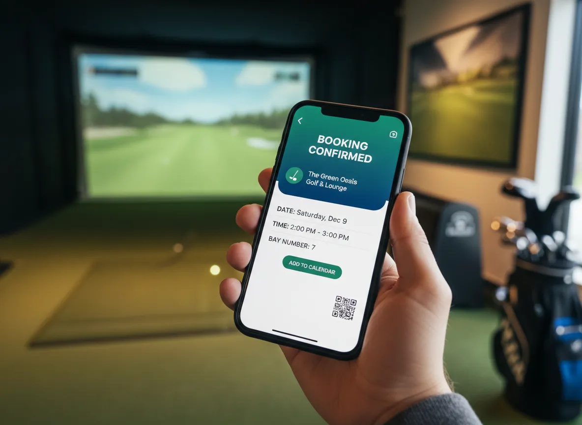 Smartphone screen showing indoor golf facility booking confirmation