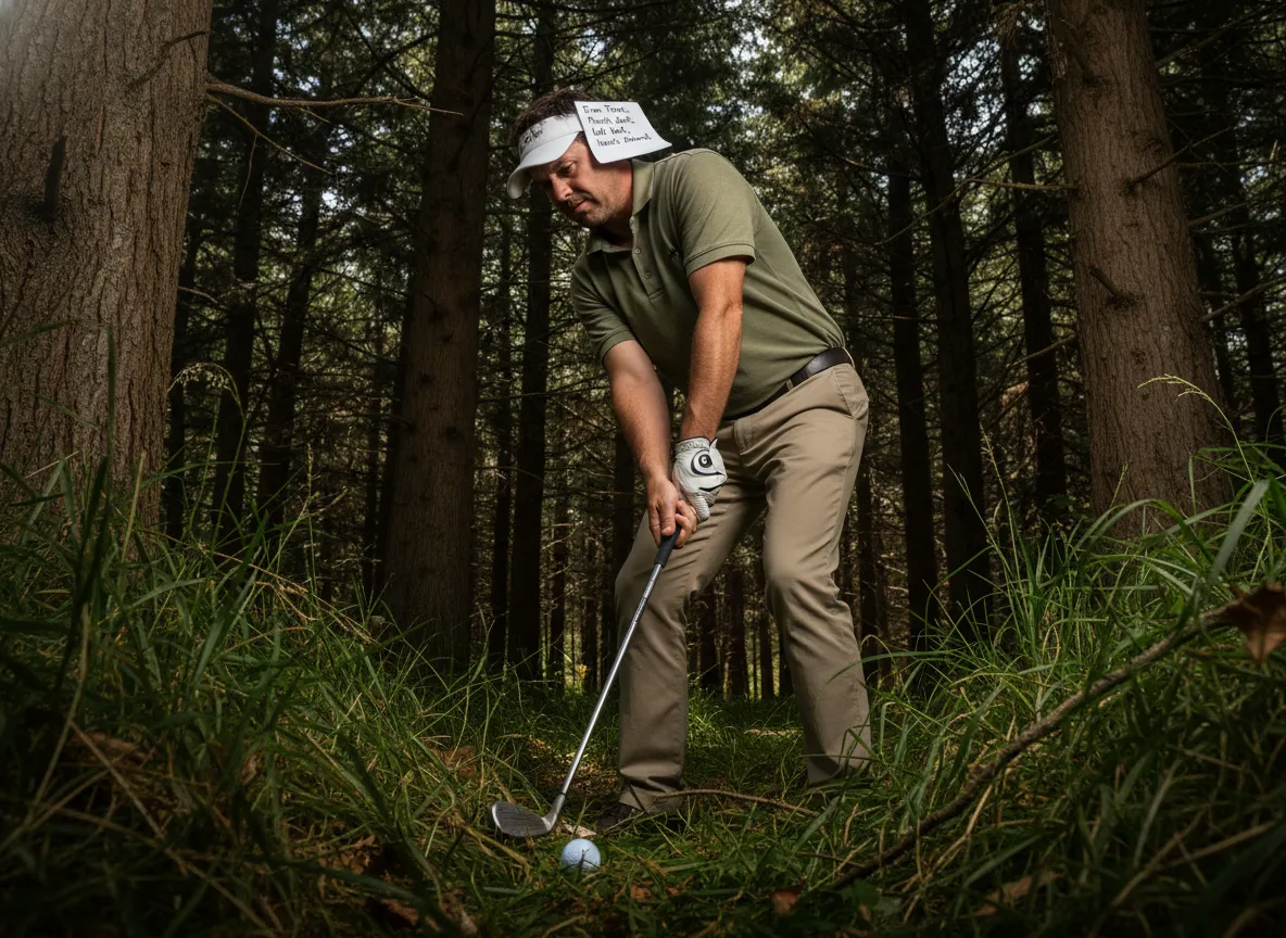 Golfer setting up for a punch shot recovery from the trees