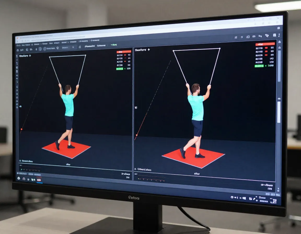 Side by side 3d swing analysis visualization on large monitor