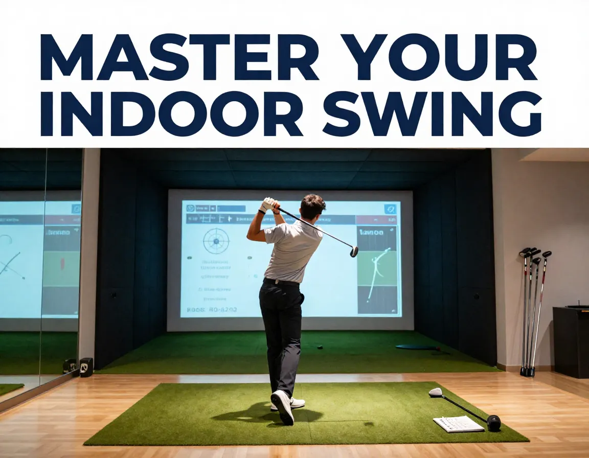 Focused golfer indoor simulator launch monitor data training facility