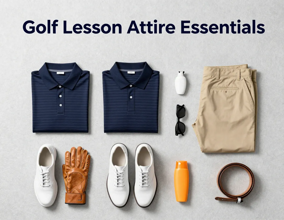Modern golf lesson attire essentials flat lay guide