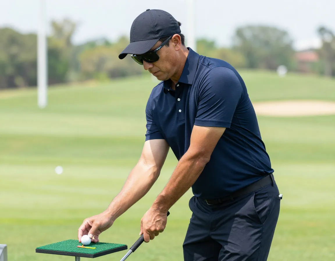 Polo shirt on man at driving range with sunglasses and cap