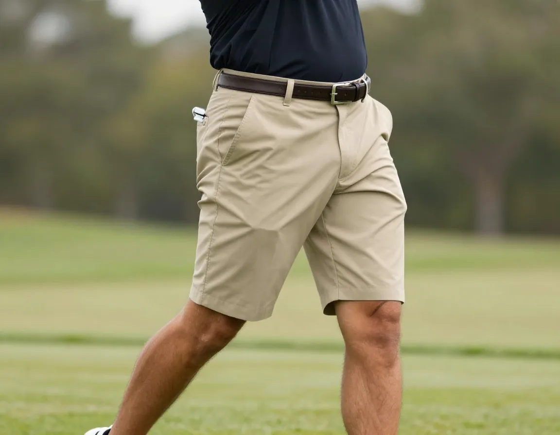 Tailored khaki golf shorts and polo on man swinging club