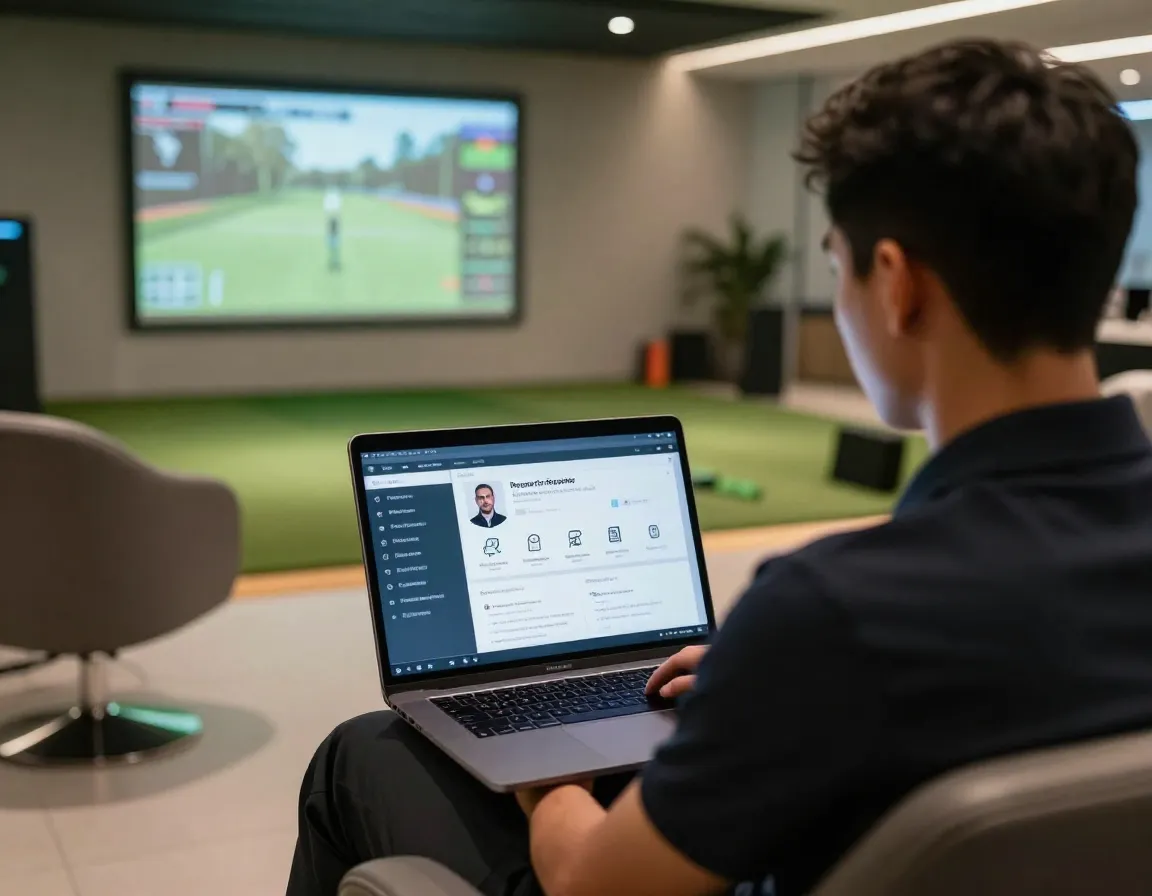Golfer researching instructor profile on laptop with technology background