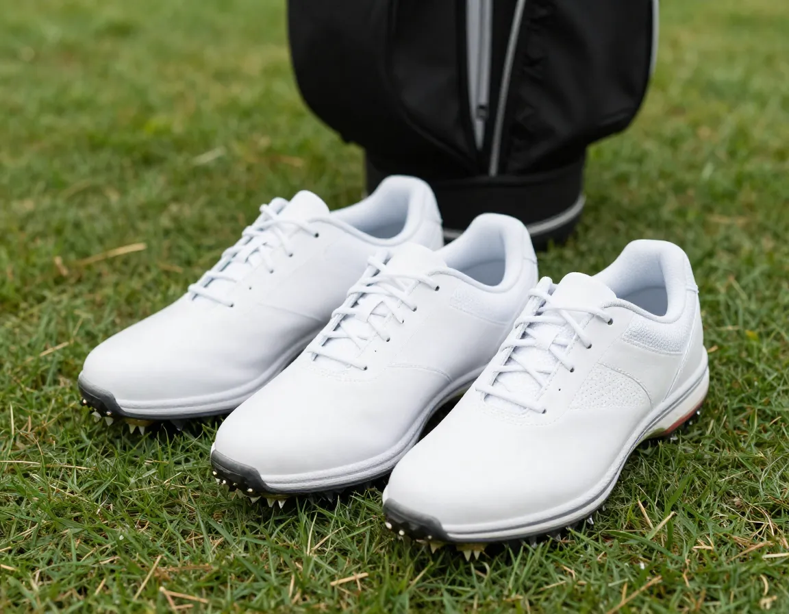 Spikeless white golf shoes on grass next to golf bag
