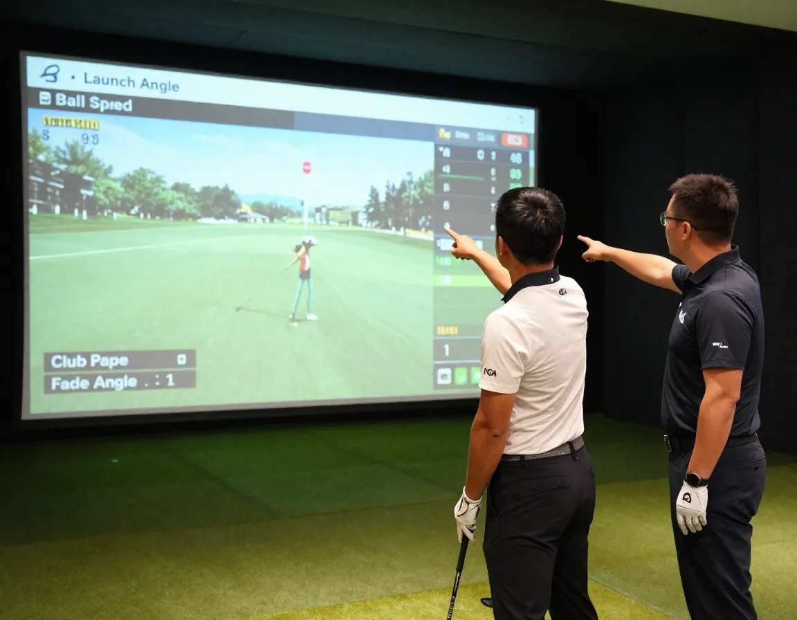Golfer and instructor analyzing launch monitor data on screen