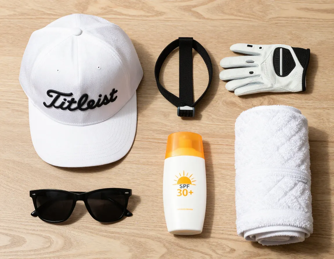 Golf hat sunglasses sunscreen and towel for sun protection
