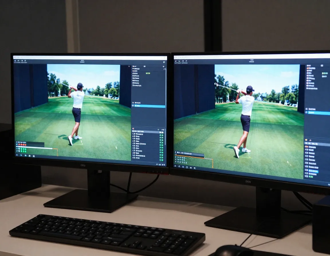 Side by side video swing analysis on dual monitors in simulator bay