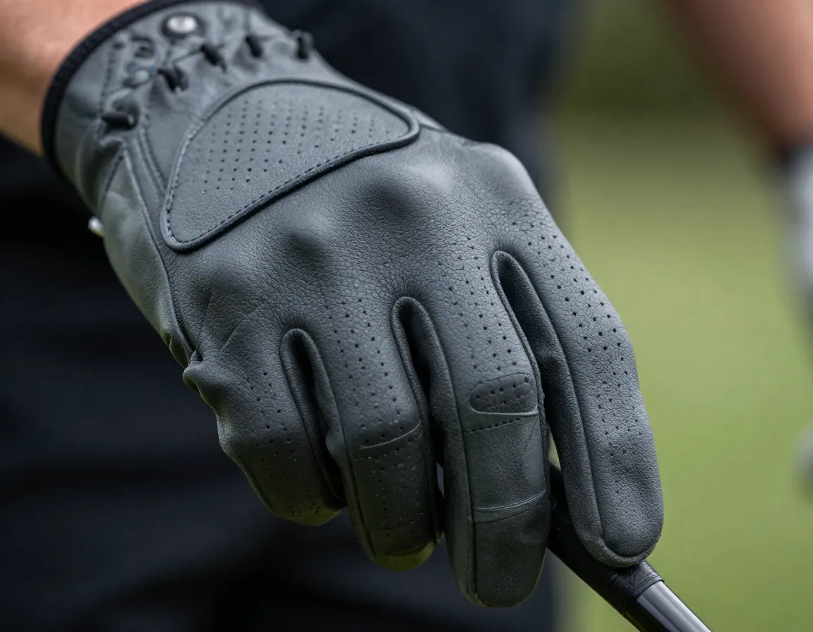 Leather golf glove on hand gripping a golf club