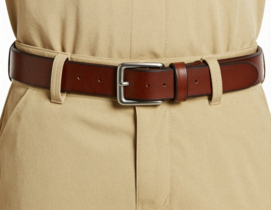 Brown leather belt with simple buckle on khaki pants