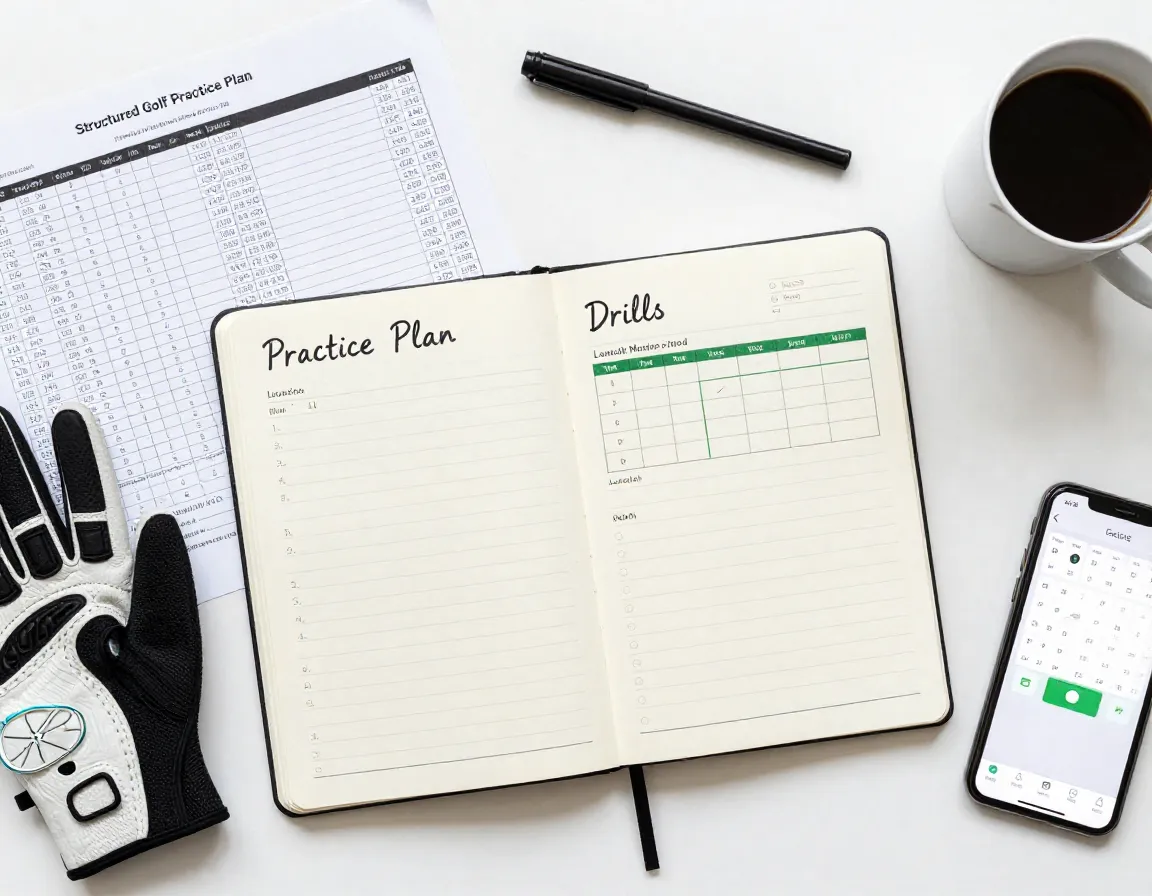 Structured golf practice plan written in notebook with data printouts