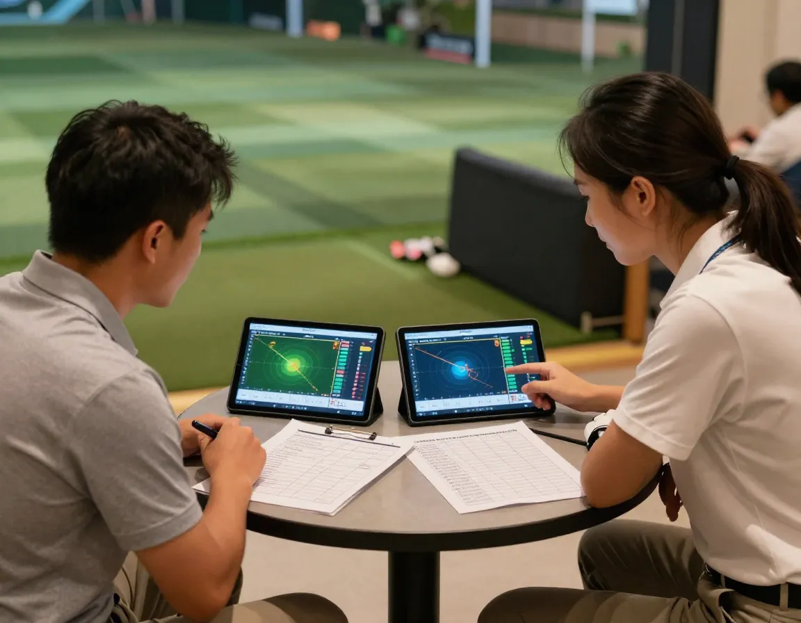 Golfer and instructor comparing progress data charts during follow up lesson