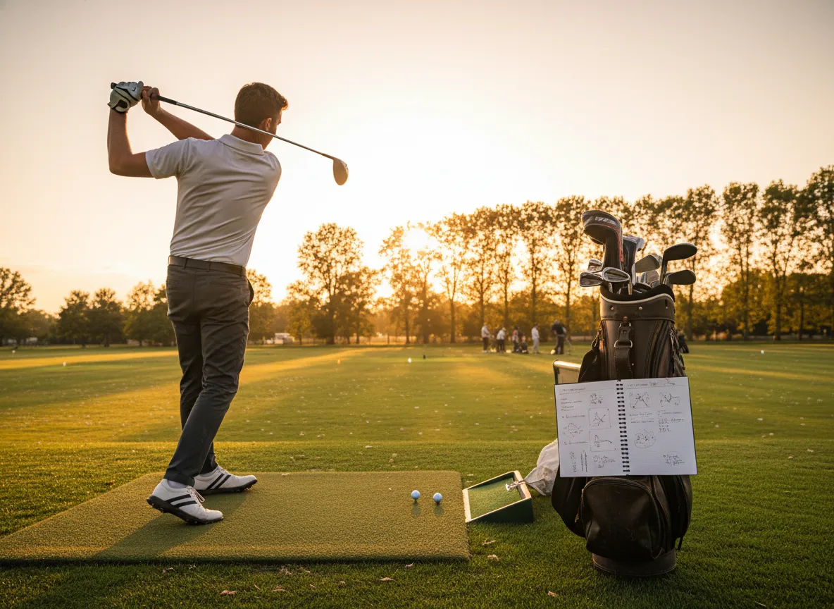 Golfer translating indoor lesson to outdoor driving range practice session