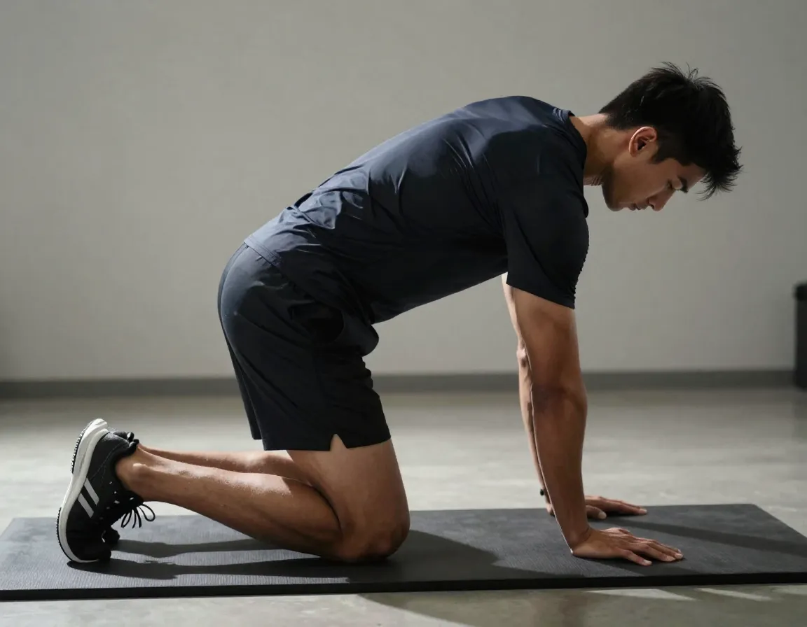 Golfer in kneeling lunge with hip flexor stretch and torso rotation