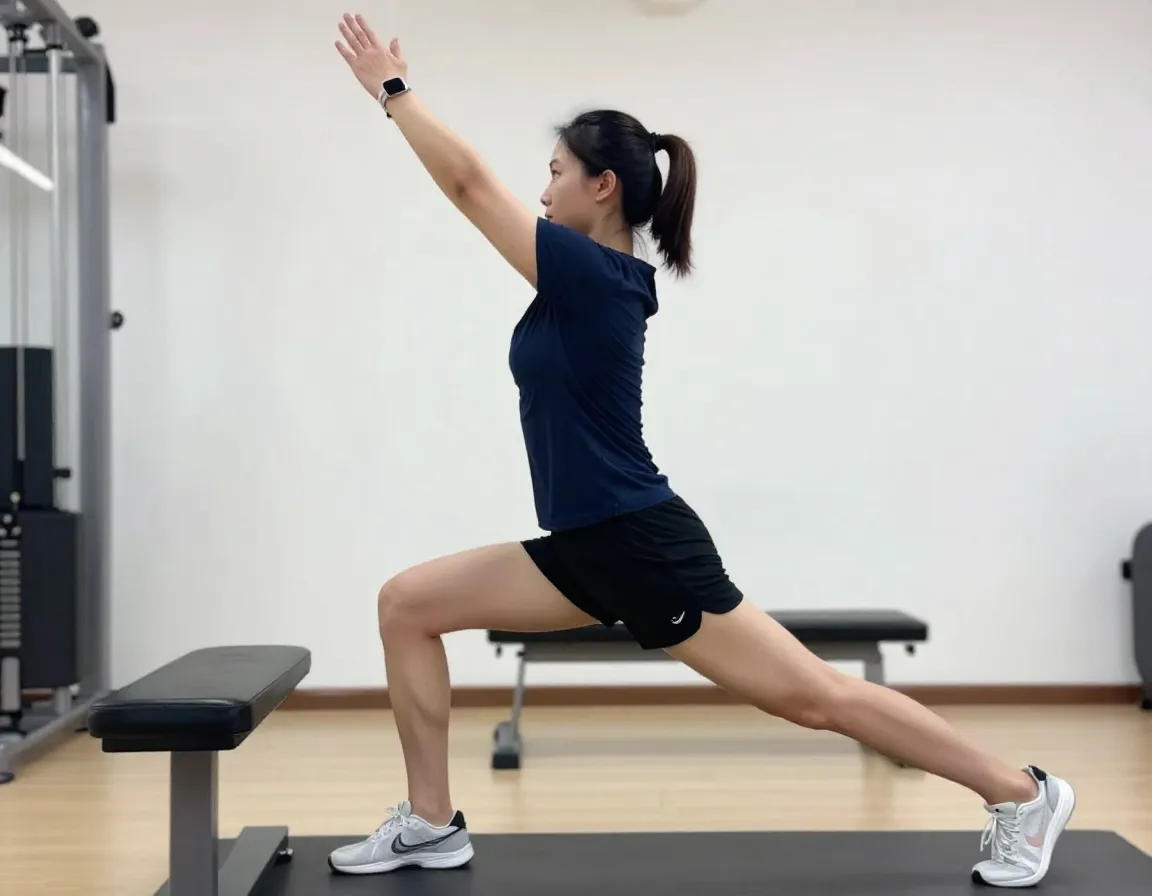 Golfer in standing lunge stretch with back foot elevated on bench
