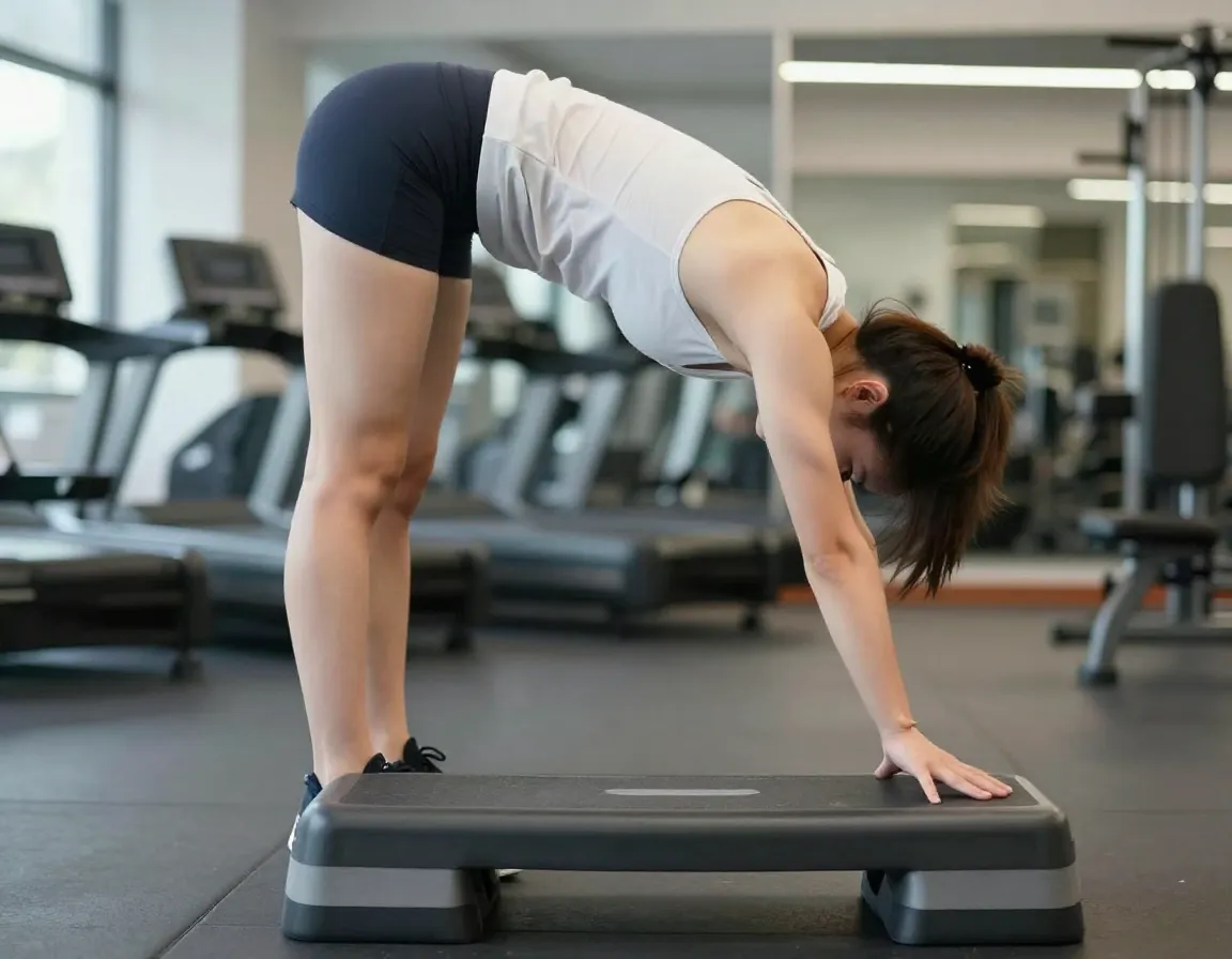 Golfer hinging forward in hamstring stretch with foot elevated on step