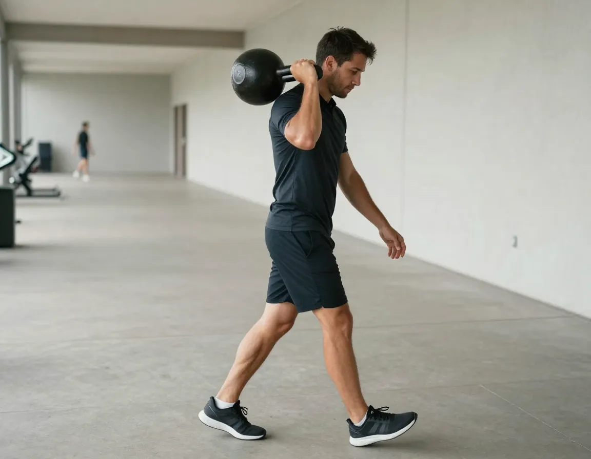 Offset kettlebell carries functional core strength for golf stability