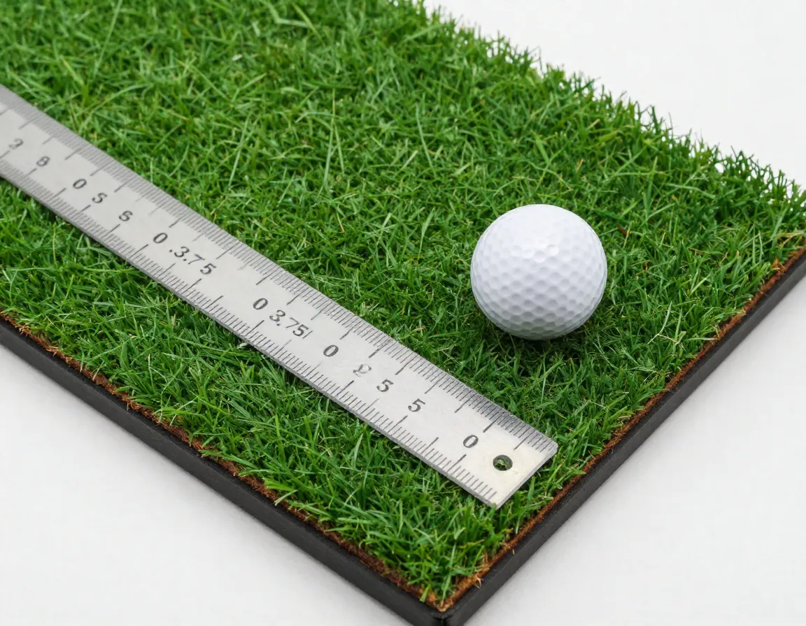 Short pile height indoor golf turf sample with golf ball on ruler