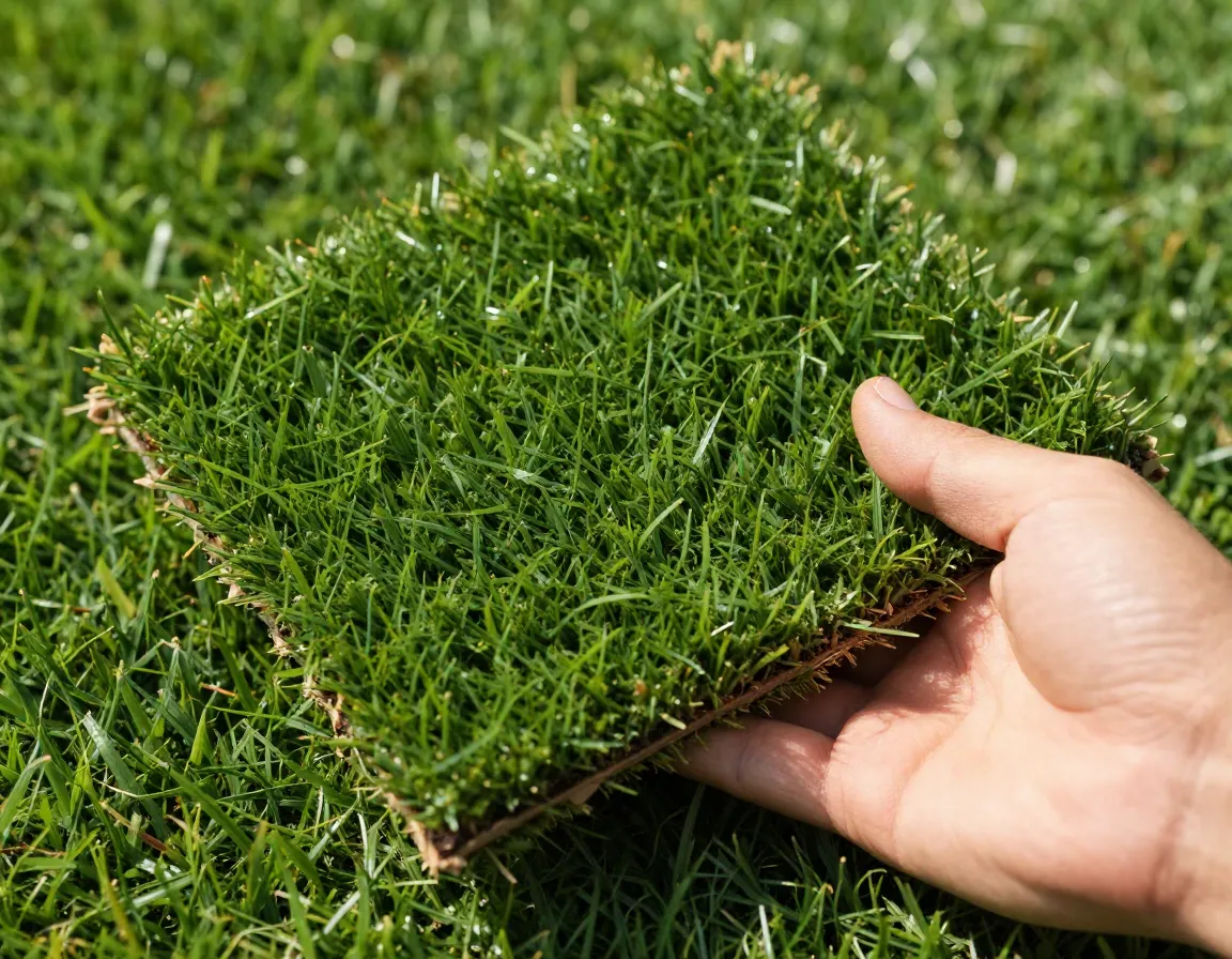 Dense face weight turf sample held in hand feeling texture