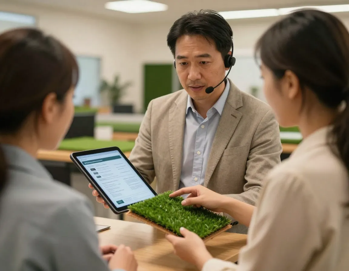 Customer service representative discussing turf sample with client