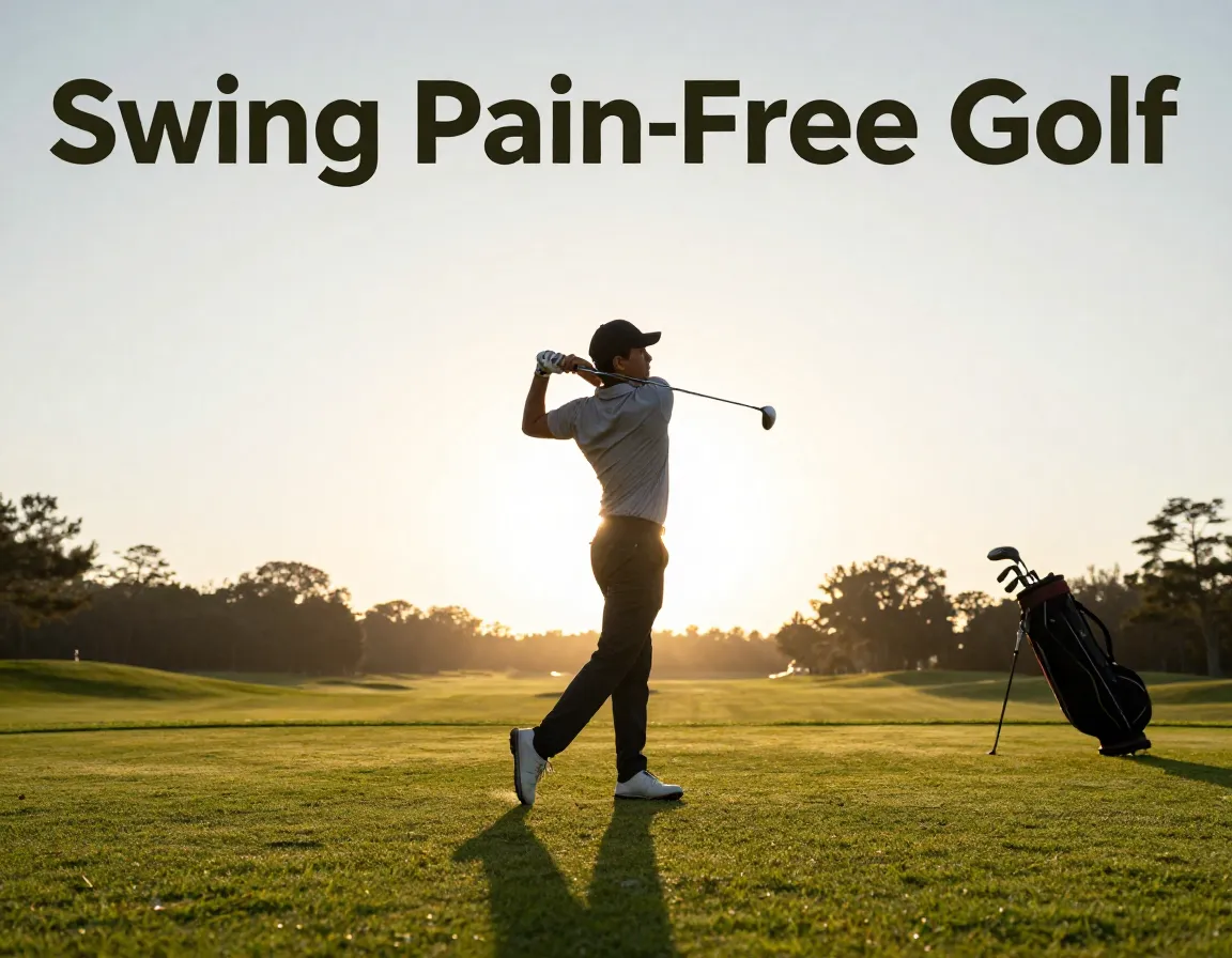 Golfer mid swing sunrise fairway back stretches pain free