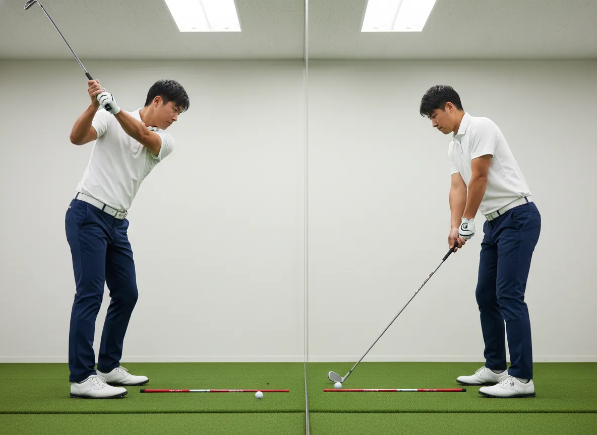 Swing plane consistency drill with alignment sticks mirror