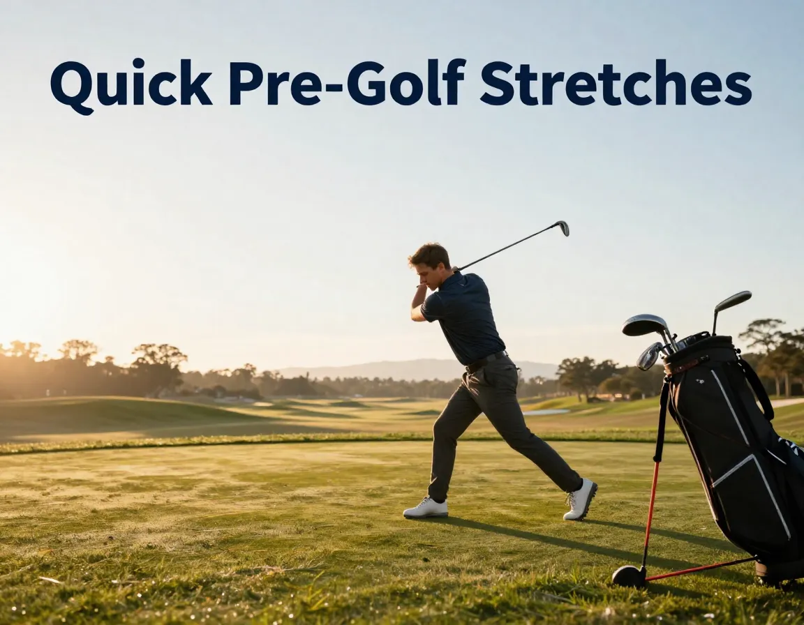 Golfer dynamic stretch sunrise resistance band dewy grass practice tee wide angle