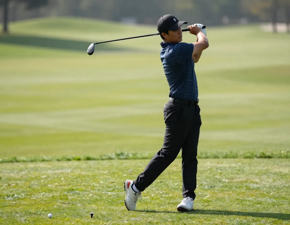 Person performing torso rotations with golf club on tee box