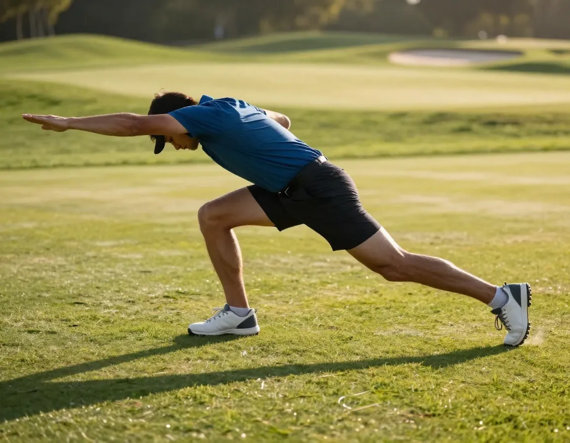 Person performing walking lunge torso twist fairway