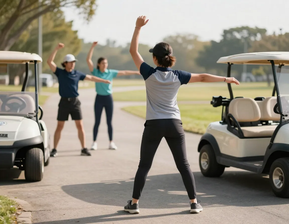 Person performing arm shoulder swings near golf cart