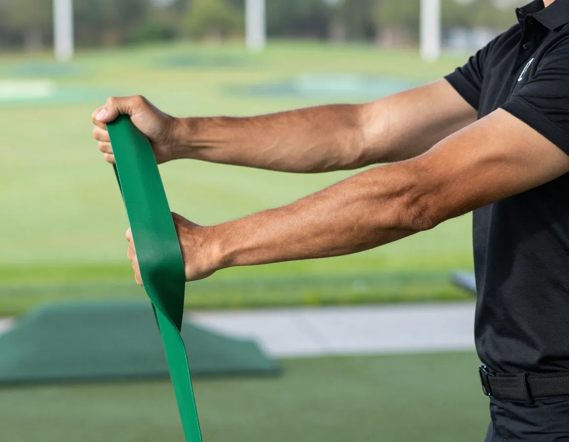 Person using resistance band rotations driving range