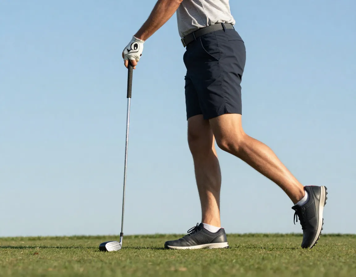 Person performing leg swings holding golf club balance