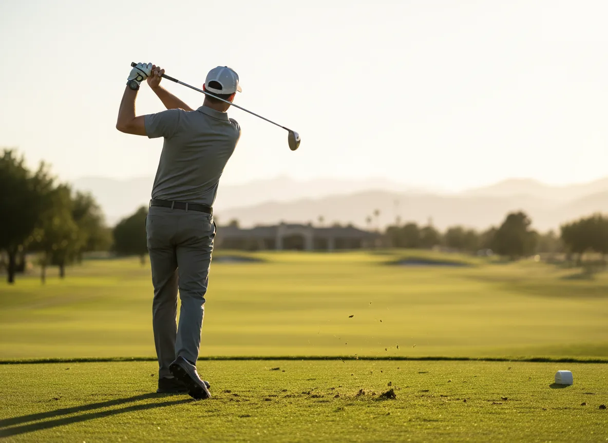 Person making progressive practice swing first tee