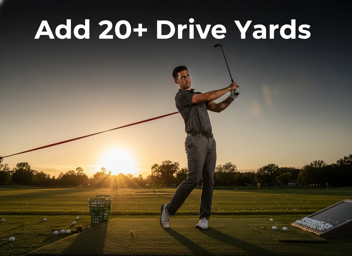 Golfer swinging with resistance band at sunset drive power training