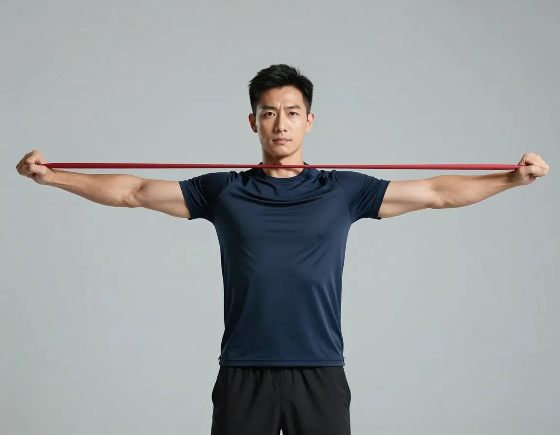 Golfer performing band pull apart exercise for shoulder stability