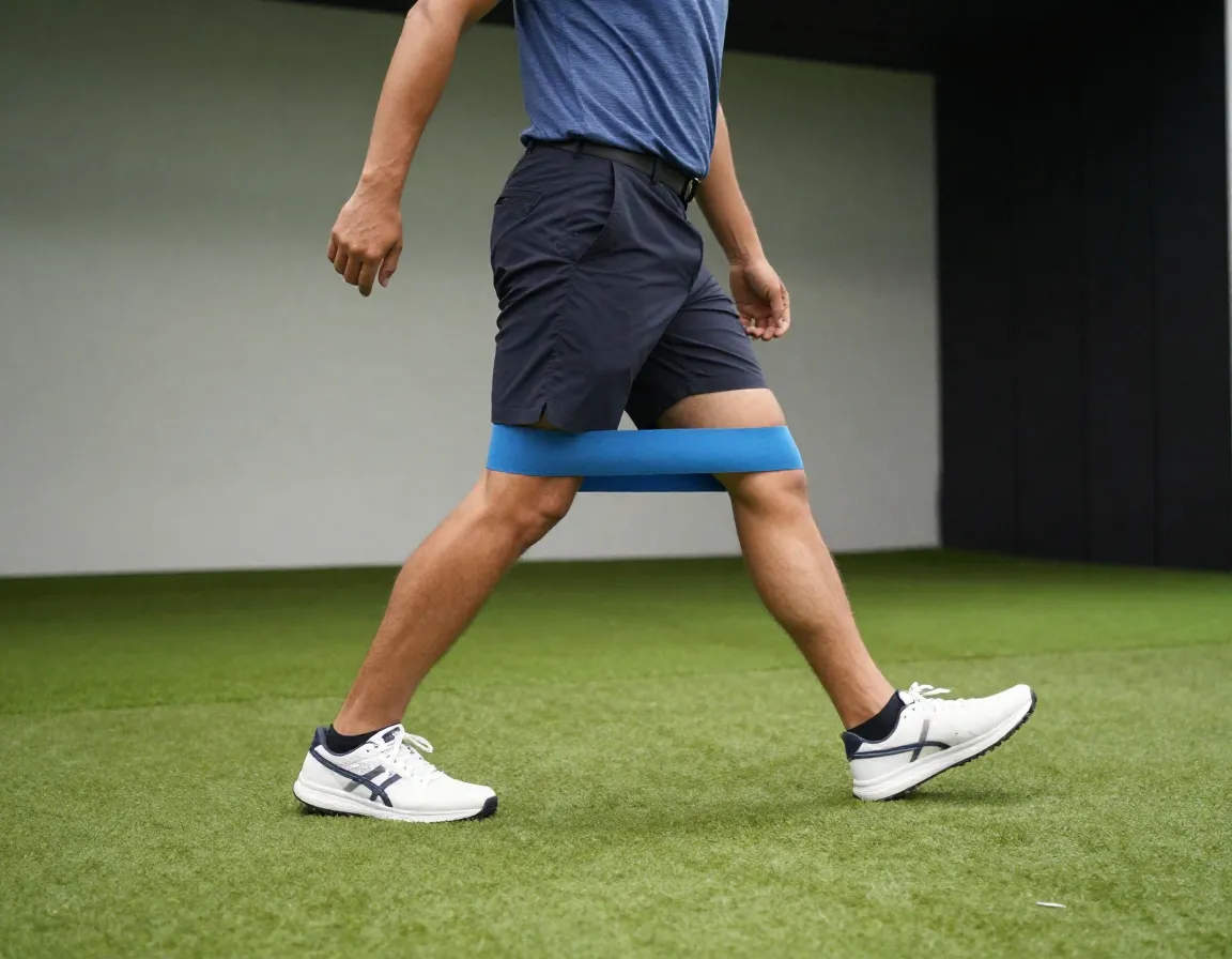 Lateral band walk exercise with band around ankles on turf