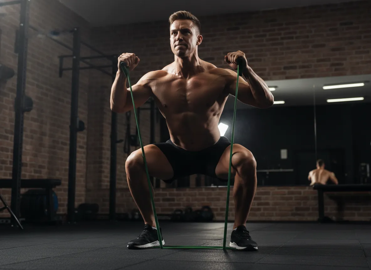 Athlete performing a band squat exercise with handles