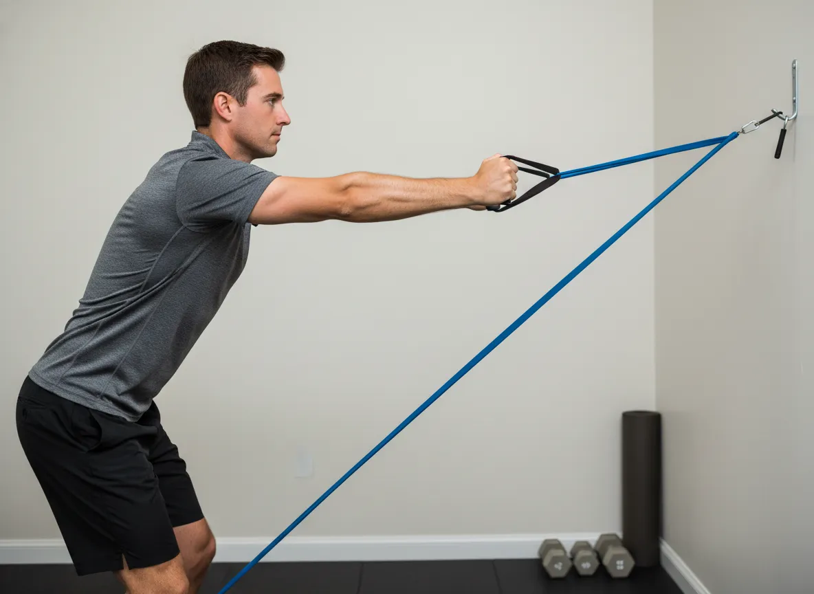 Band chest press exercise with band anchored behind back