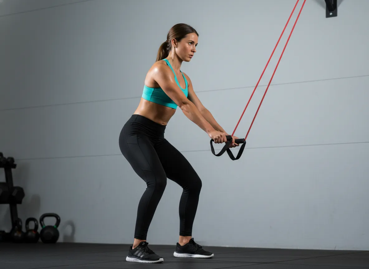 Athlete performing high to low wood chop exercise with band