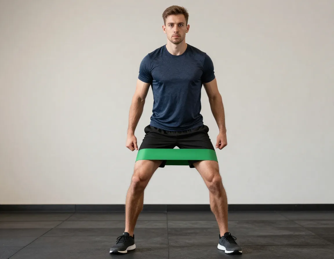 Monster walk exercise with resistance band above knees