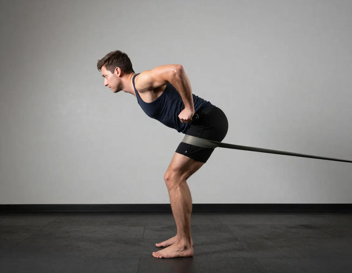 Band assisted hip hinge exercise athlete driving hips forward