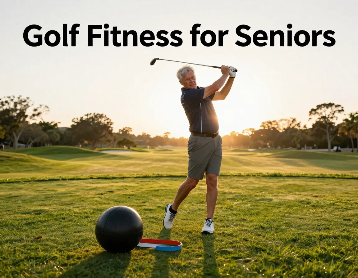 Senior golfer sunset swing medicine ball resistance band fairway fitness