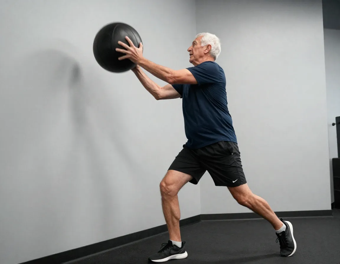 Senior performs medicine ball rotational throw against wall